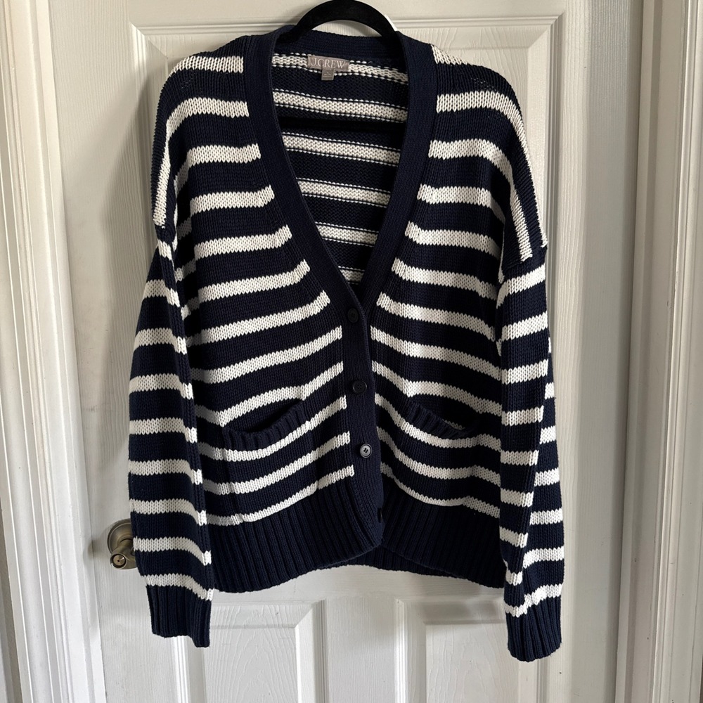 J.Crew Navy Blue Ivory Striped V-Neck Button Front Cardigan Sweater